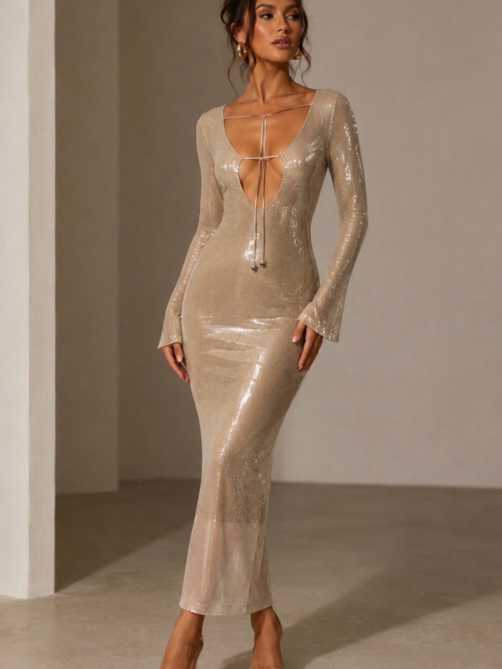 Nude Champagne Sequin Mesh Long Sleeve Maxi Dress Backless Cutout Tie Front NWOT
